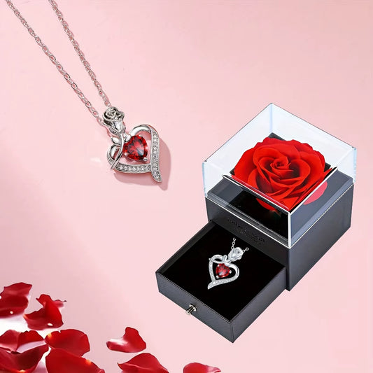 Luxury Red Zircon Heart Necklace with Rose Gift Box for Girlfriend Birthday Christmas Valentine Gift 2023 Romantic Accessories